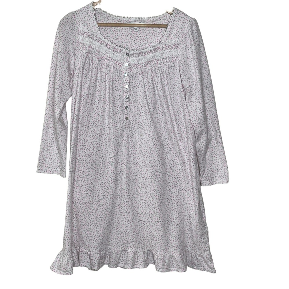 Eileen West Womens XS Pink Floral Lace Trim Knit Nightgown 3/4 Sleeve Ruffle Hem